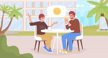 Going out together flat color vector illustration. Teenage boy having good conversation with father over tea drinking. Fully editable 2D simple cartoon characters with cityscape on background