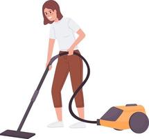 Happy teen girl vacuuming floor semi flat color vector character. Domestic chores. Editable figure. Full body person on white. Simple cartoon style illustration for web graphic design and animation