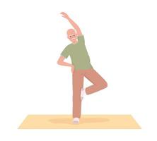 Senior man warming up before yoga activity on mat semi flat color vector character. Editable figure. Full body person on white. Simple cartoon style illustration for web graphic design and animation