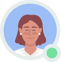 Pleased woman with earrings flat vector avatar icon with green dot. Editable default persona for UX, UI design. Profile character picture with online status indicator. Color messaging app user badge