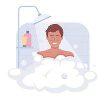 ducha en Mañana 2d vector aislado ilustración. satisfecho hombre disfrutando calentar agua con jabón espuma plano personaje en dibujos animados antecedentes. vistoso editable escena para móvil, sitio web, presentación