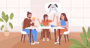 Having family dinner and nice conversation flat color vector illustration. Happy girl asking parents to get dog. Fully editable 2D simple cartoon characters with cozy dining room on background