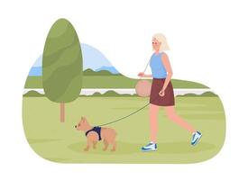 Going for walk with pet 2D vector isolated illustration. Pretty young woman strolling with small dog flat character on cartoon background. Colorful editable scene for mobile, website, presentation