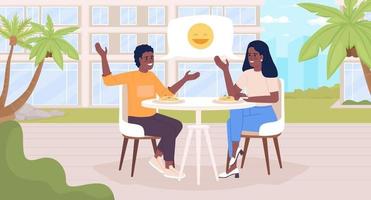 Eating dinner together flat color vector illustration. Bonding time. Mother with son talking and joking over meal. Fully editable 2D simple cartoon characters with cityscape on background