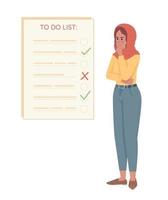 pensativo mujer organizando Tareas en a hacer lista semi plano color vector personaje. editable concepto. sencillo dibujos animados estilo ilustración para web gráfico diseño y animación