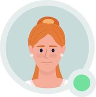 Pretty ginger haired girl flat vector avatar icon with green dot. Editable default persona for UX, UI design. Profile character picture with online status indicator. Colorful messaging app user badge