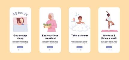 Effective morning routine onboarding mobile app screen flat template. Walkthrough website 4 steps with characters. Editable habits UX, UI, GUI smartphone cartoon interfaces vector