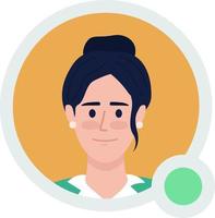 Woman with bun hairstyle flat vector avatar icon with green dot. Editable default persona for UX, UI design. Profile character picture with online status indicator. Colorful messaging app user badge