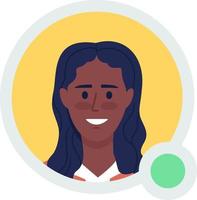 Smiling female student flat vector avatar icon with green dot. Editable default persona for UX, UI design. Profile character picture with online status indicator. Colorful messaging app user badge