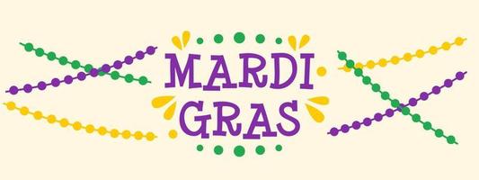 Vector Mardi Gras banner with text and beads. Mardi Gras poster on yellow background. Design for fat tuesday carnival and festival. Colorful phrase and garlands.