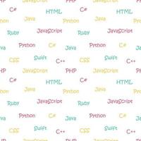 Vector seamless pattern with programming languages. Names of machine languages. Black and white.