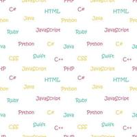 Vector seamless pattern with programming languages. Names of machine languages. Black and white.