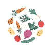 Vector doodle set with vegetables. Food elements in circle.