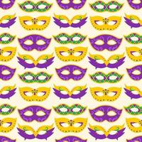 Vector Mardi Gras seamless pattern with carnival masks. Mardi Gras masks on yellow background. Design for fat tuesday carnival and festival. Colorful pattern.