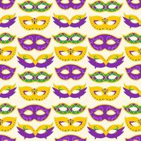 Vector Mardi Gras seamless pattern with carnival masks. Mardi Gras masks on yellow background. Design for fat tuesday carnival and festival. Colorful pattern.