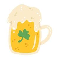 Vector st Patricks day beer with clover in flat design. Mug of beer with froth for celebrating St Patricks day. St Patricks day alcohol drink.