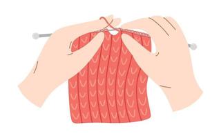 Hands knitting a product with knitting needles. Vector illustration of cozy crafting hobby. Wool warm clothes.