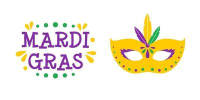 Vector Mardi Gras banner with yellow carnival mask and text. Mardi Gras poster on white background. Design for fat tuesday carnival and festival. Carnival mask with colorful feathers.