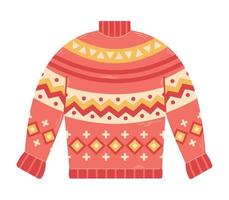 Vector cozy red sweater with ornaments. Knitted warm clothes. Wool jumper.