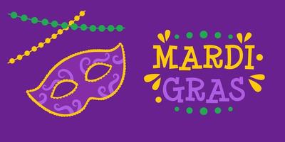 Vector Mardi Gras banner with carnival mask, beads and text. Mardi Gras poster on dark purple background. Design for fat tuesday carnival and festival.