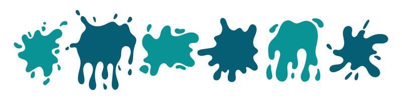 Vector paint splashes set. Abstract turquoise, green and blue blots. Colorful cartoon paint splatter collection.