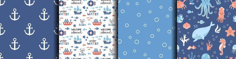 Vector set of marine seamless patterns. Childish backgrounds in flat design. Design for kids. Sea life.