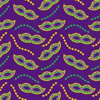 Vector Mardi Gras seamless pattern with carnival masks and beads. Carnival masks and garlands on dark purple background. Design for fat tuesday holiday, carnival and festival. Colorful pattern.