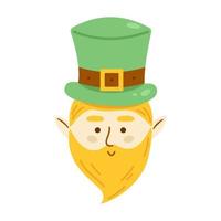 Vector leprechaun with beard in green hat. Clipart for celebrating St Patricks day. Fairytale character with pointed ears.