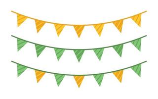 Vector St Patricks day set with green and yellow bunting. Collection for celebrating St Patricks day. Striped triangular flag garlands in flat design.