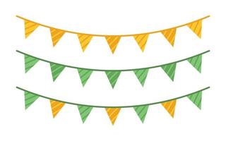 Vector St Patricks day set with green and yellow bunting. Collection for celebrating St Patricks day. Striped triangular flag garlands in flat design.