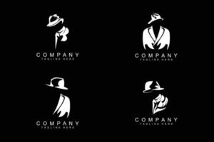 diseño de logotipo de hombre detective, esmoquin de moda de detective de la mafia y vector de ilustración de sombrero, icono de hombre de negocios negro