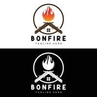 diseño de logotipo de fogata, vector de camping, fuego de madera y diseño forestal