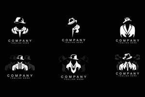 Detective Man Logo Design, Mafia Detective Fashion Tuxedo And Hat Illustration Vector, BlackMan Businesman Icon vector