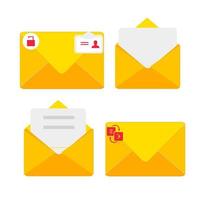 Letter envelope with paper document vector illustration. Closed, open with a message e-mail envelopes. Set mailbox vector icons in flat style. Email Envelope Icon