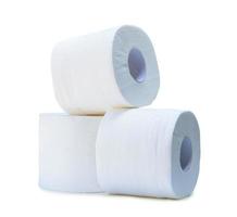 three rolls of white tissue paper or napkin in stack prepared for use in toilet or restroom isolated on white background with clipping path. photo