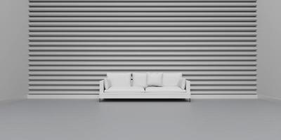 interior space studio Japanese style architecture Zen a solitary sofa in a modern empty room with minimalist slatted walls Product display 3D illustration photo