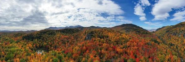 Aerial view of peak fall foliage in Keene, New York in upstate New York. photo