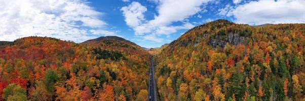 Aerial view of peak fall foliage in Keene, New York in upstate New York. photo