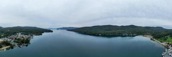 Aerial view of the city of Lake George, New York in the early morning. photo