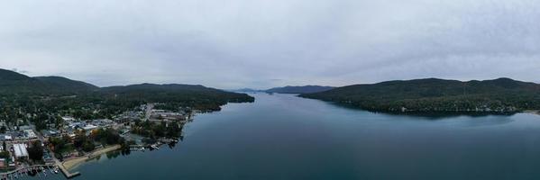 Aerial view of the city of Lake George, New York in the early morning. photo