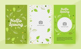 Hello spring social media story template with green leaves pattern with a circle placeholder. Editable template with a place for a picture. Vector illustration.