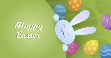 Happy Easter greetings card with Easter bunny and Easter eggs. Vector illustration in cartoon style for poster, banner, social media post, invitation.