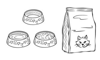 Cat food in sketch style. Dry cat food packaging. Bowls with food and water for a pet. vector