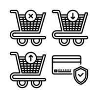 Ecommerce icons set. delete product, add product, out of cart, credit protection. Perfect for website mobile app, app icons, presentation, illustration and any other projects vector