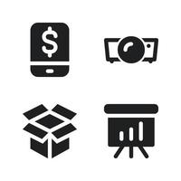 Business Management icons set. Smartphone, projector, unboxing, presentation board. Perfect for website mobile app, app icons, presentation, illustration and any other projects vector