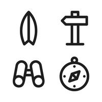 Adventure icons set. Surf board, sign board, binoculars, compass. Perfect for website mobile app, app icons, presentation, illustration and any other projects vector