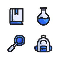 Back To School icons set. Book, flask, research, backpack. Perfect for website mobile app, app icons, presentation, illustration and any other projects vector