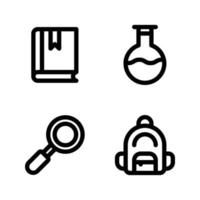 Back To School icons set. Book, flask, research, backpack. Perfect for website mobile app, app icons, presentation, illustration and any other projects vector