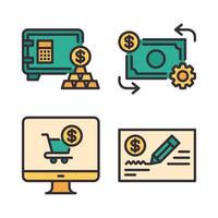 Currency Icons Set. money saving, cashflow, monitor, bank cheque. Perfect for website mobile app, app icons, presentation, illustration and any other projects. vector