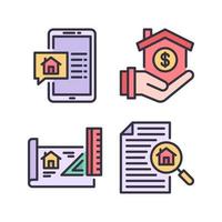 Real Estate icons set. Smartphone, Mortgage, Blueprint, research home. Perfect for website mobile app, app icons, presentation, illustration and any other projects vector